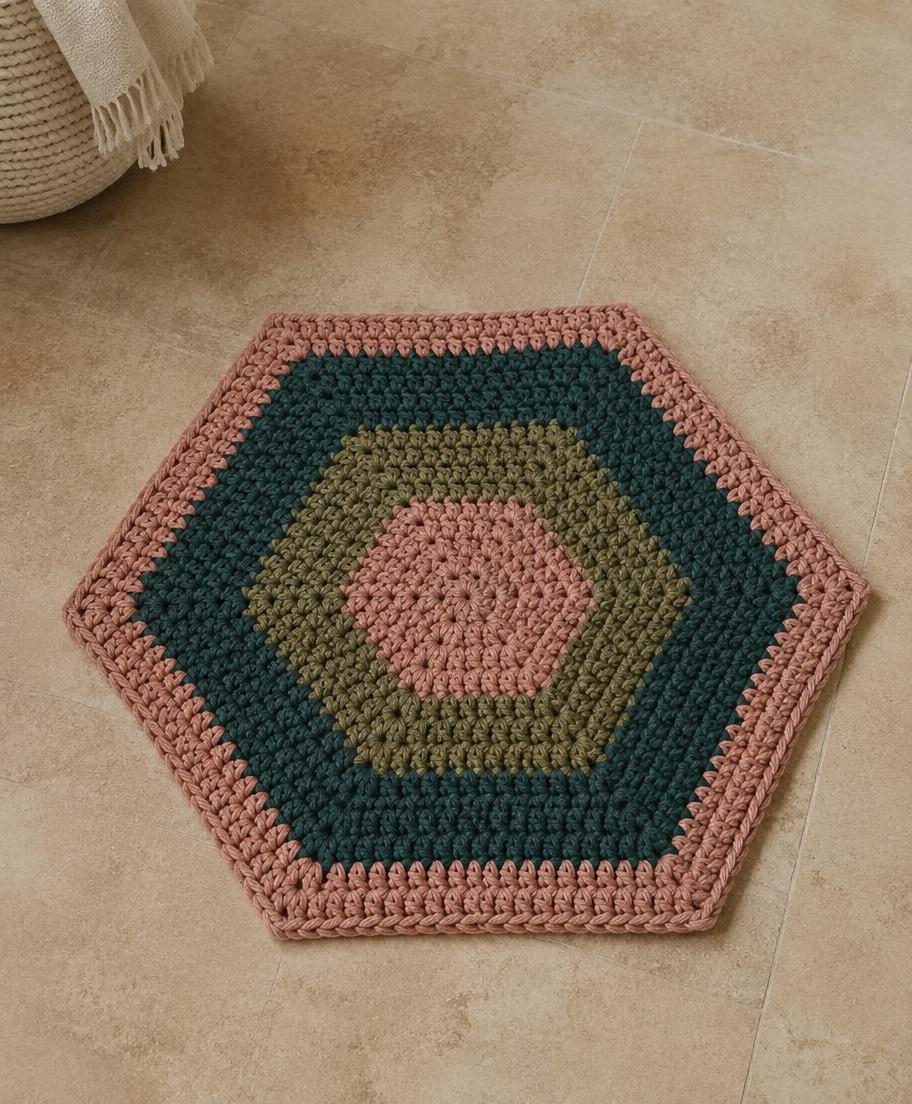 Tapete hexagonal de crochê em barbante, nas cores rosé, verde e azul-petróleo
